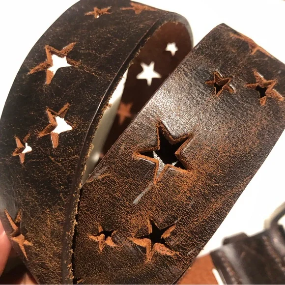 Accessories | Brown Distressed Tan Leather Hollow Stars Belt 